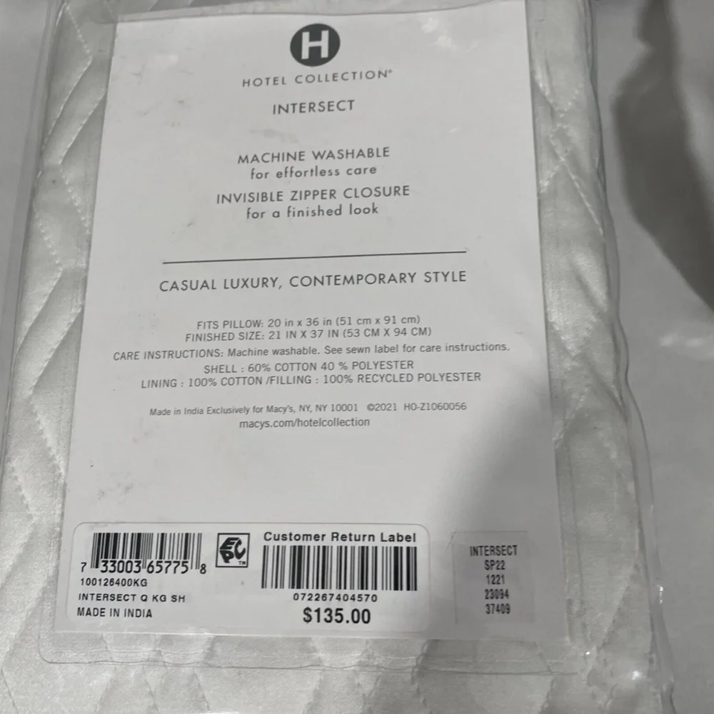 NIB $135 [ 1 King ] Quilted Pillow‎ Sham for Hotel Collection Intersect